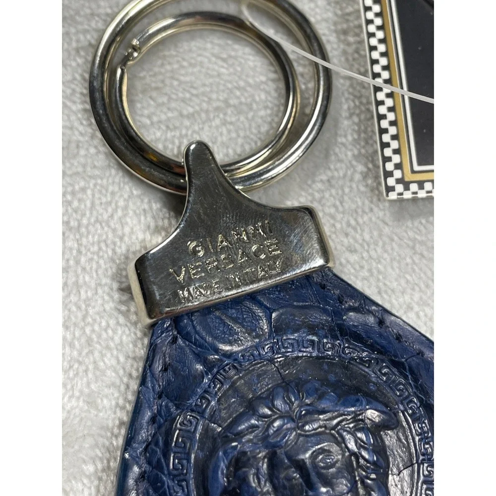 Vintage Gianni Versace Medusa Keychain Unisex Blue Leather Italy
